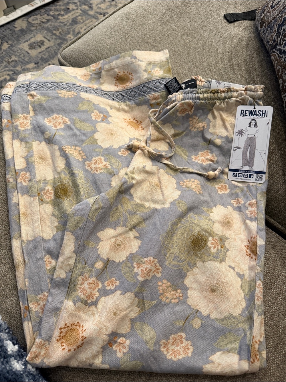 Rewash Floral Drawstring Lounge Pants - Light Blue, Cream & Olive